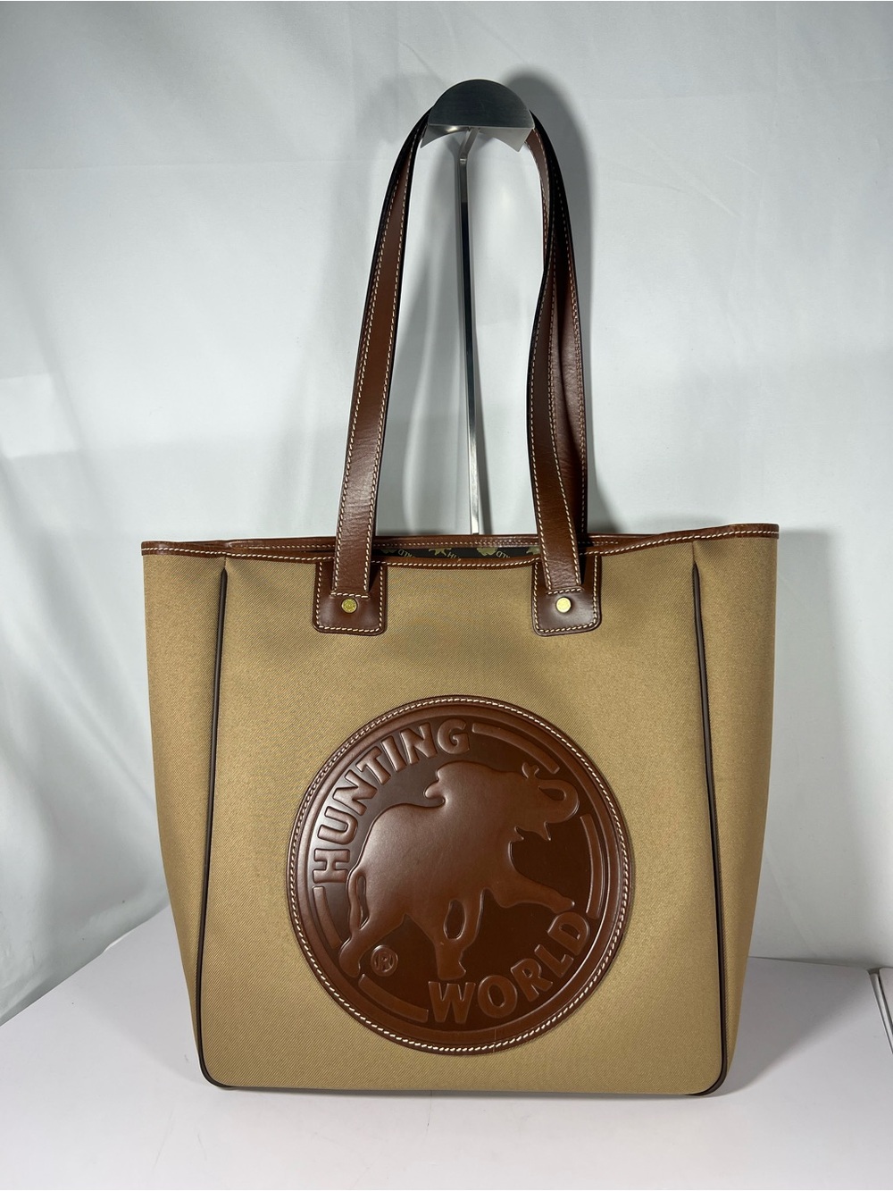 4283: Hunting World Canvas Leather Logo Tote Bag Tan Brown